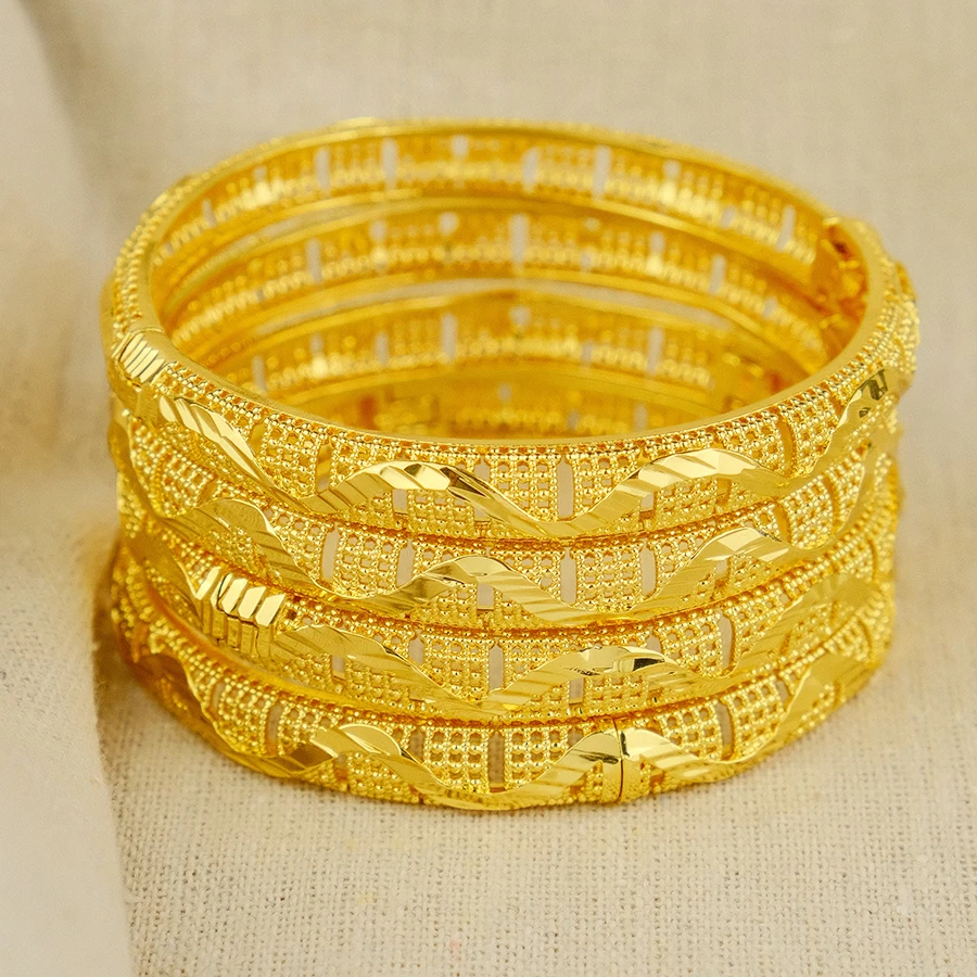 Dubai Women's Wave Gold Plated Indian African Hard Bracelet Charming Wedding Ethiopia Arab Handmade Jewelry Luxury