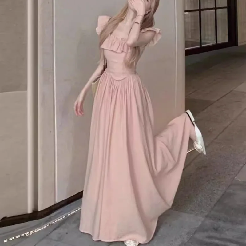 2025 Nieuwe Zomer Zoete Lange Jurk voor Vrouwen Elegante Vierkante Kraag Ruche Witte Fee Jurken Temperament Hoge taille Vestidos