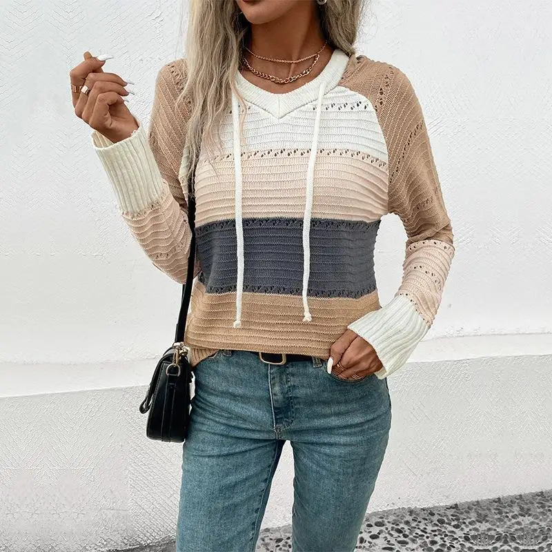 

Women's Long Color Block Hooded Sweater Casual Style Basic Fit Thin Winter 2016 No Brand Registered Trademark