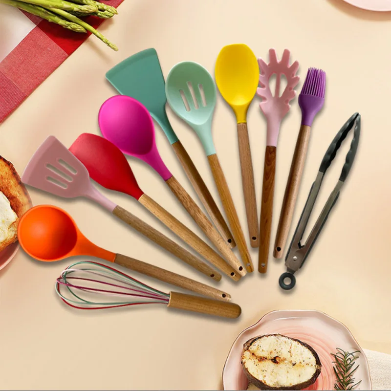 Silicone Kitchen Utensils Set of 12pcs with Holder High Quality Beech Wood Handle Kitchen Cooking Tool Food Grade Good Toughness