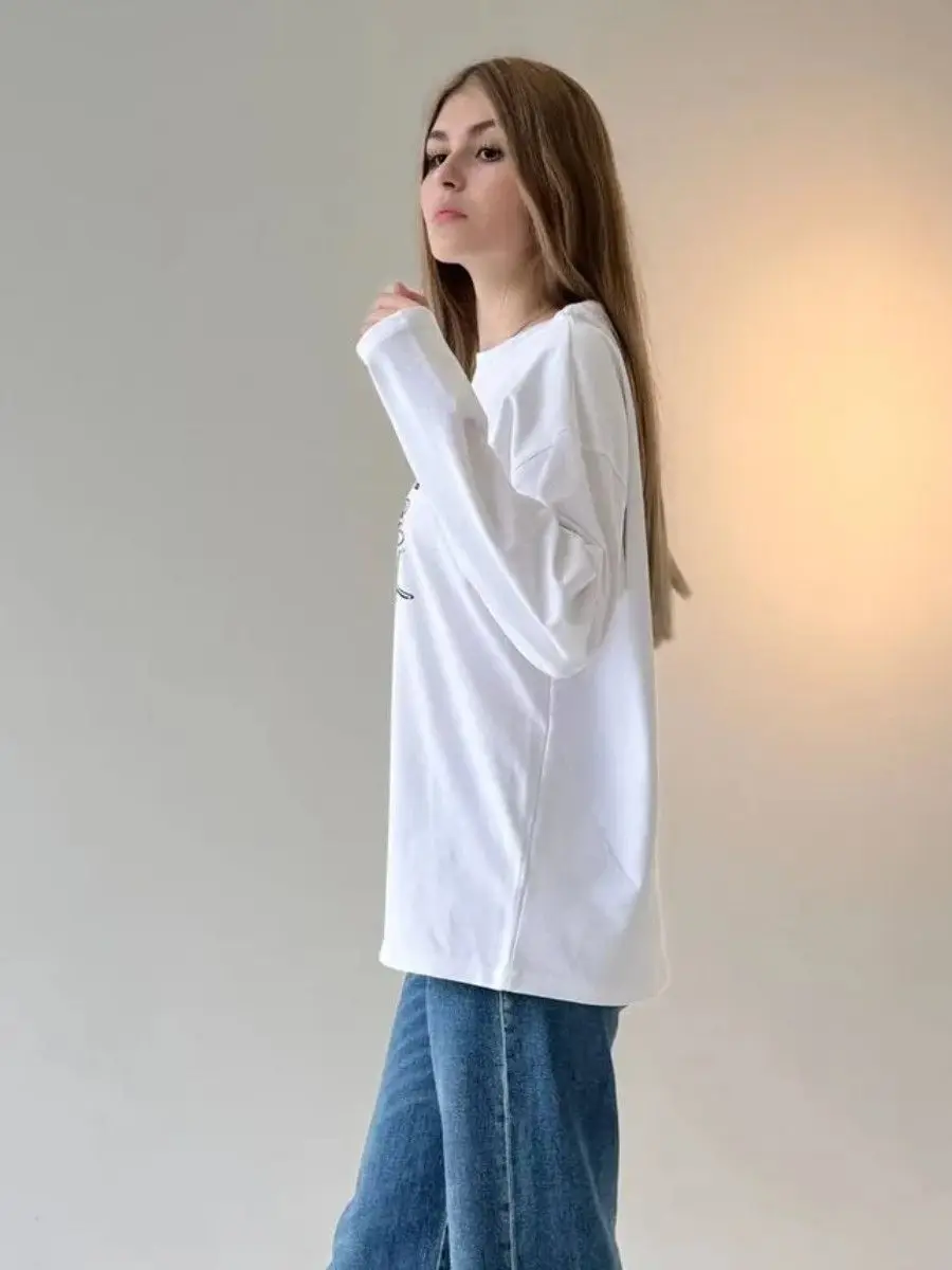 Koszulki z długim rękawem, cienkie bluzy, jesienne retro topy, temperamentne damskie koszulki z nadrukiem uroczego kreskówkowego hip-hopu, 100% bawełna, dla kobiet i dziewcząt.