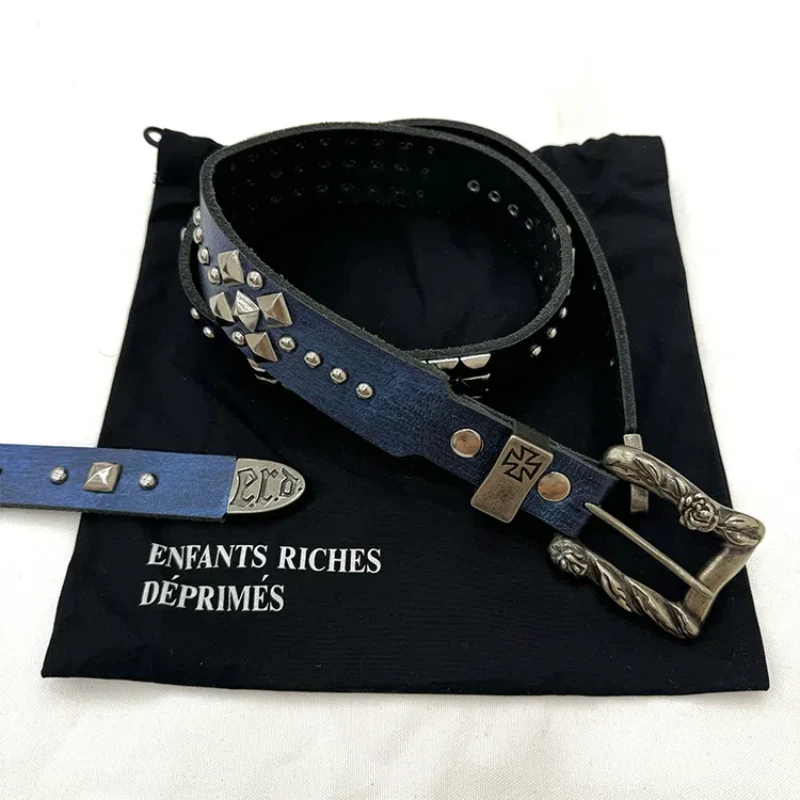 2024SS High Street Blue Rivets Imported Cowhide Casual Cowhide Punk Vintagel Lux Brands Y2k Accessories Fashion Belt