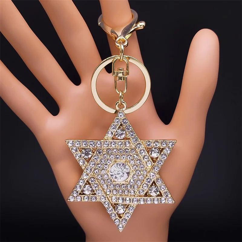 Fashion Sparkling Crystal Key Ring David Star Keychain Alloy Rhinestone Key Chain Hexagram Keyring Bag Accessories Gift Jewelry