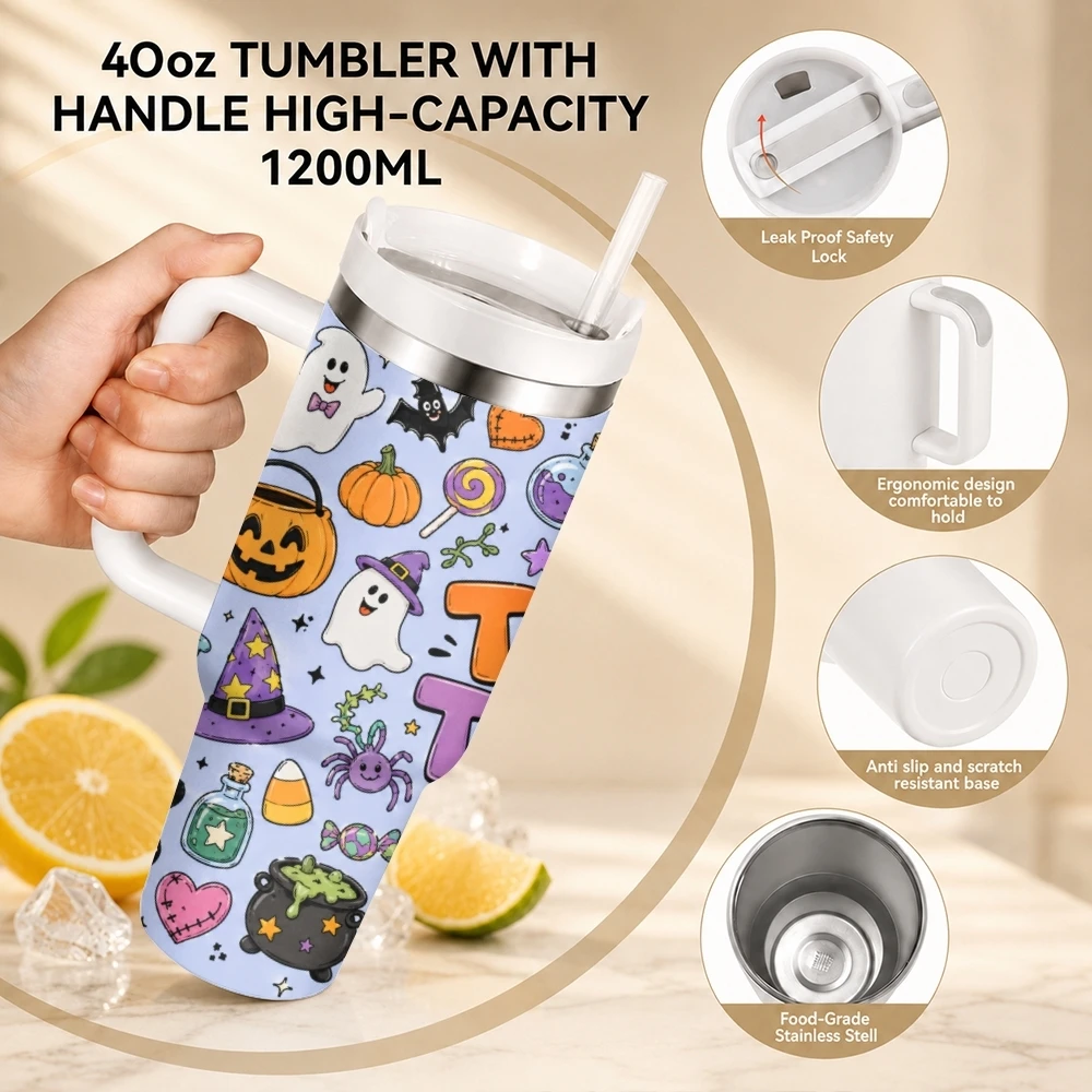 Halloween Haunted House Vacuum Flasks 40oz Stainless Steel Travel Tumbler with Handle Straw Lid Double Wall Vacuum Insulated