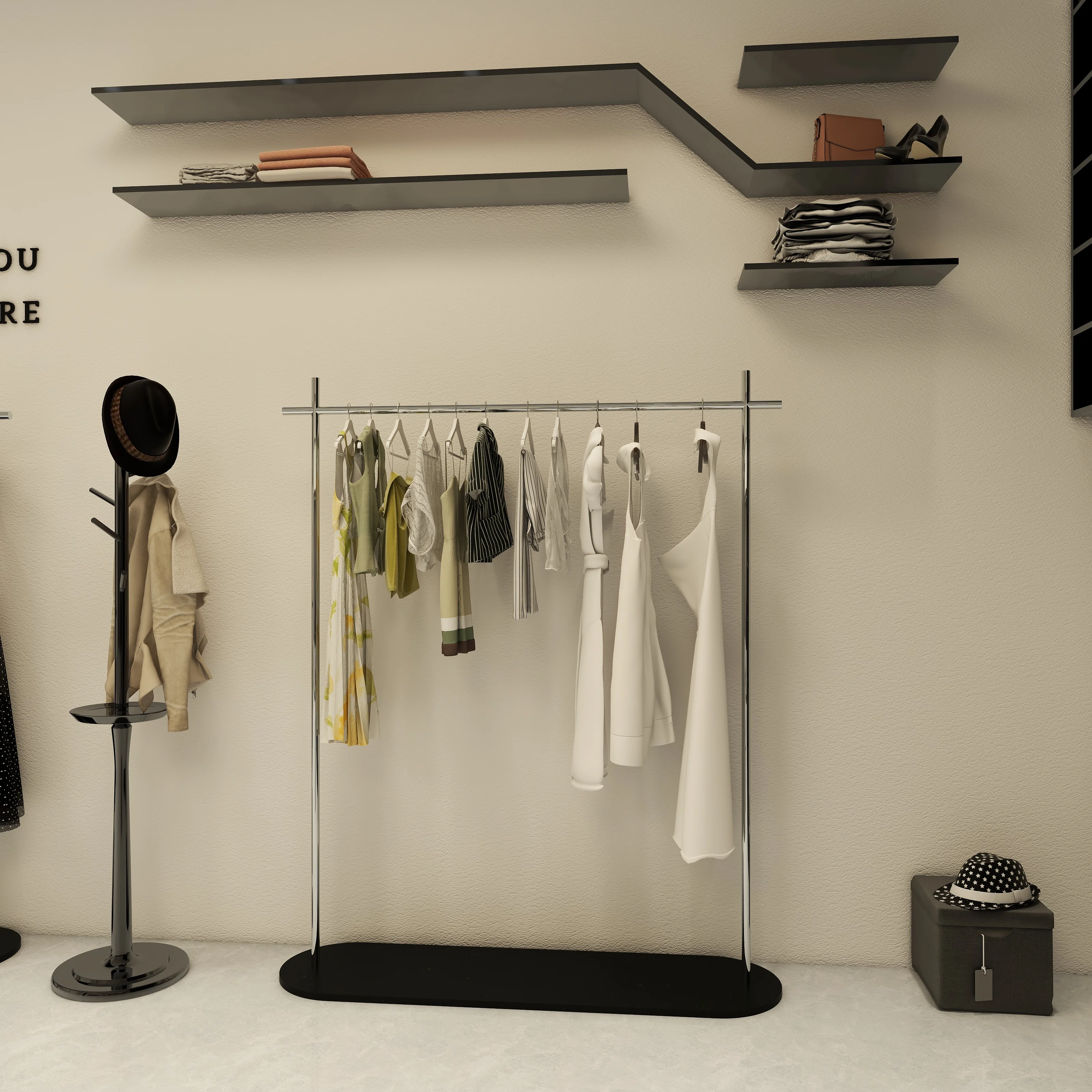 Clothing store display rack Floor-to-ceiling stainless steel black clothes rack store-specific display