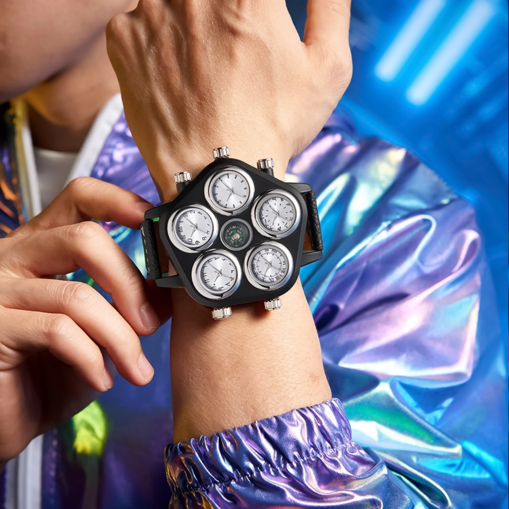 Men Large Dial Quartz Watch Five Time Zone Movement Built In Compass Unique Multi Dial Design Fashion Sport Wristwatch