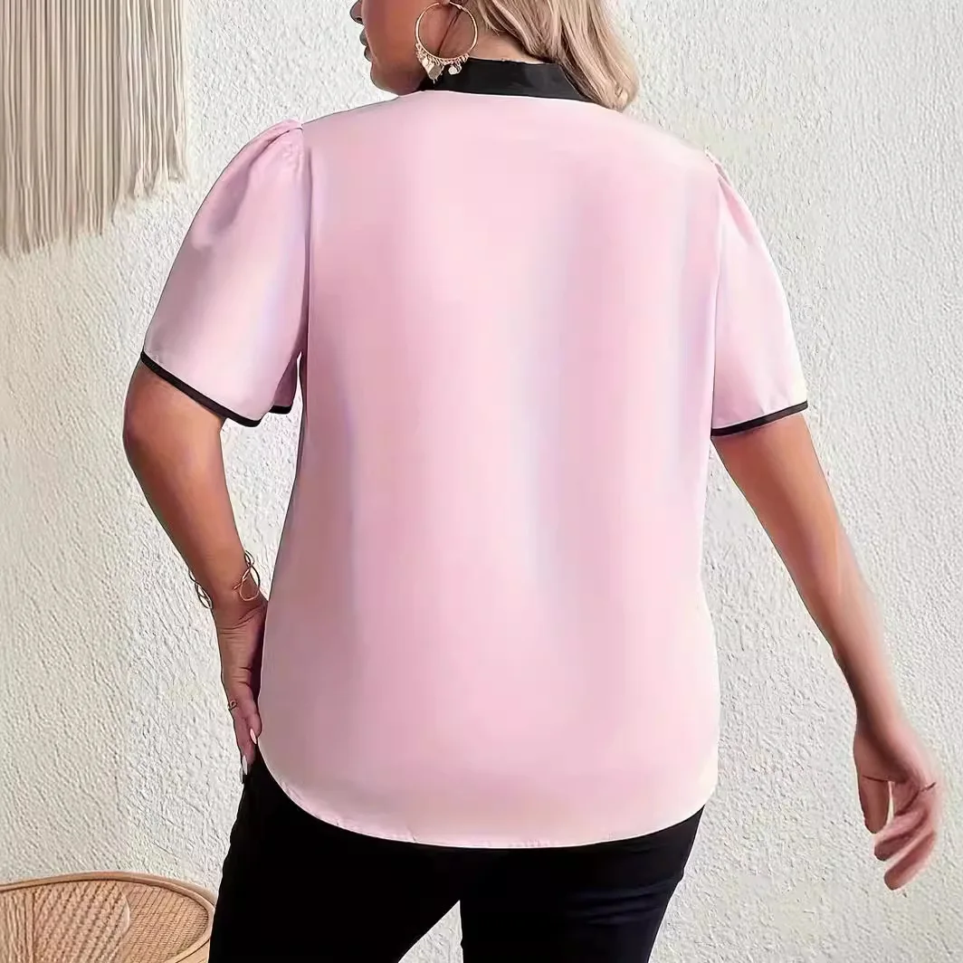 Plus Size Pink Color Block Shirt Oversized Short Sleeve Tie Detail Casual Blouse for Summer Style