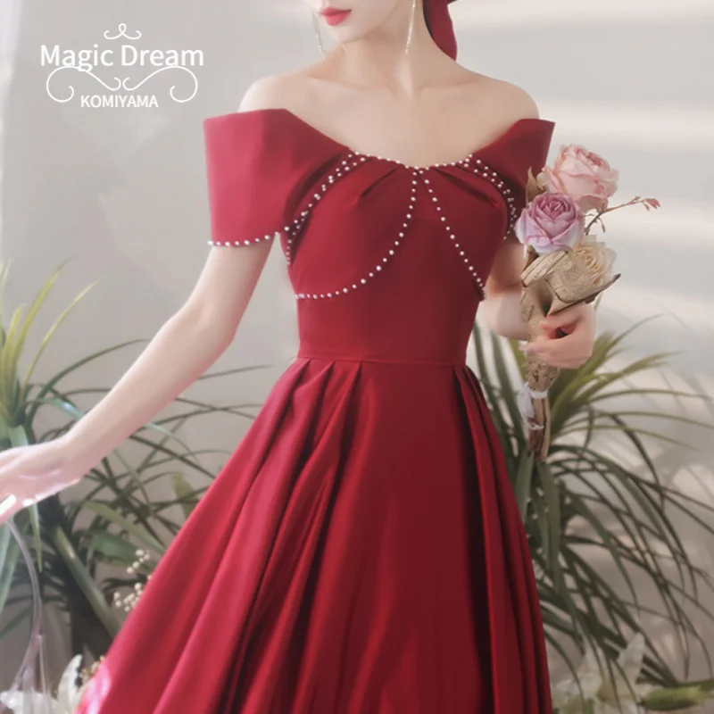 

Temperament Elegant Wine Red Wedding Party Dresses Slash Collar Bow Design Prom Vestidos Slim Waist Pleated Long Evening Dress