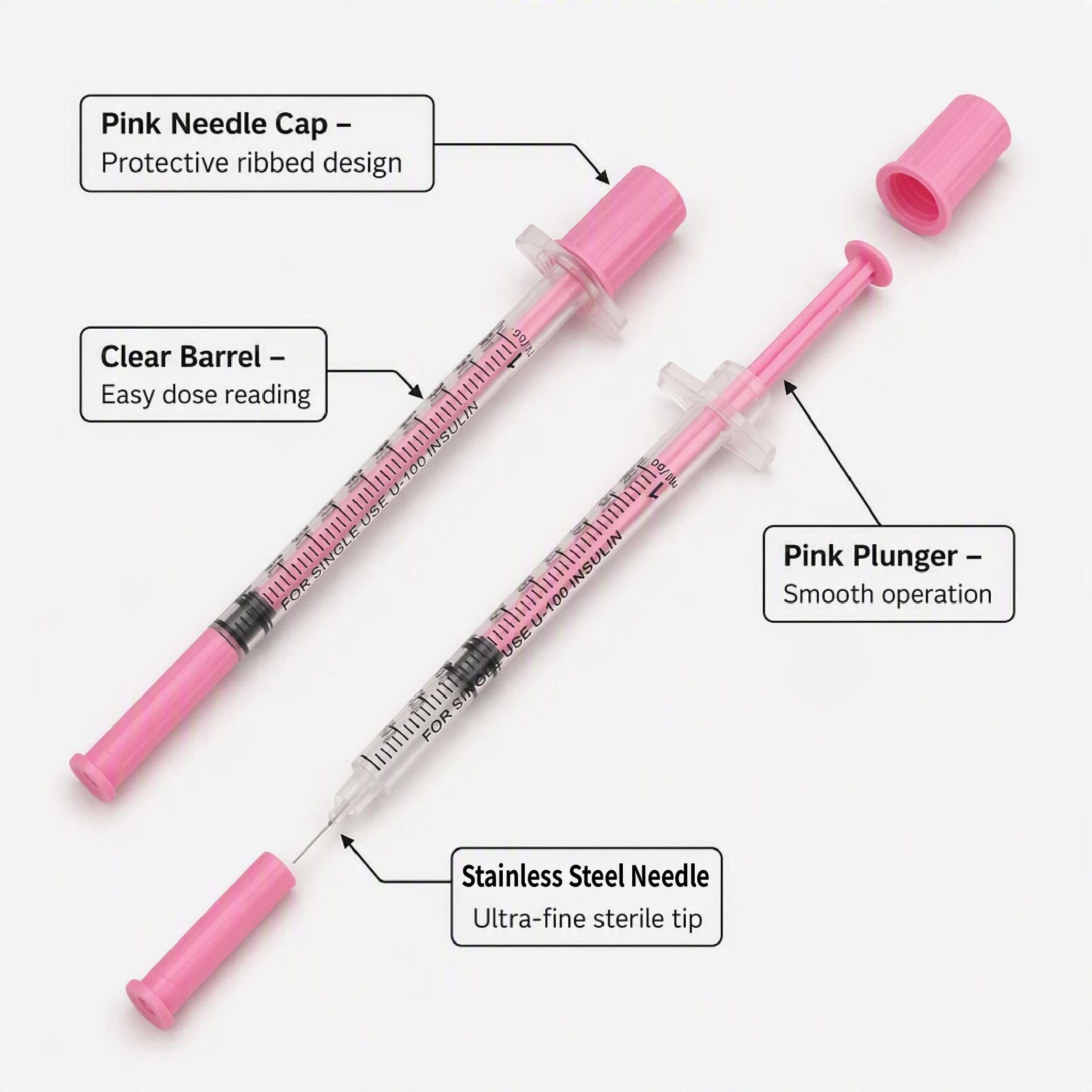 100pc 1ml 30G/31G 8mm Disposable Sterile Insulin Pink Syringe 5/16 inch Needles Individually Wrapped for Diabetic Pets & Hormone