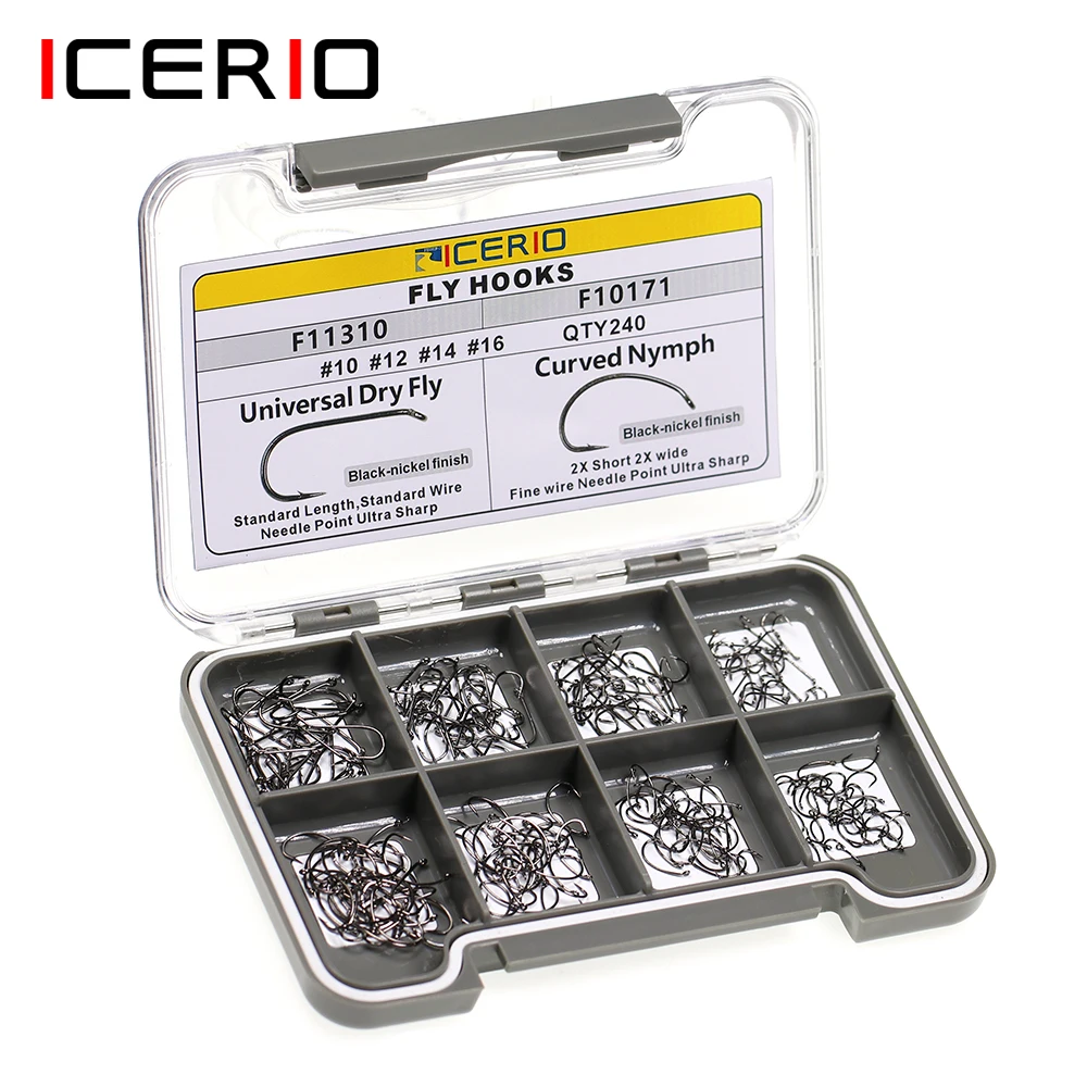 

ICERIO 240 шт. искусственная нахлыстость с коробкой сухая влажная бородка Нимфа креветки Caddis Pupae мухи изогнутые Чешский рыболовный крючок