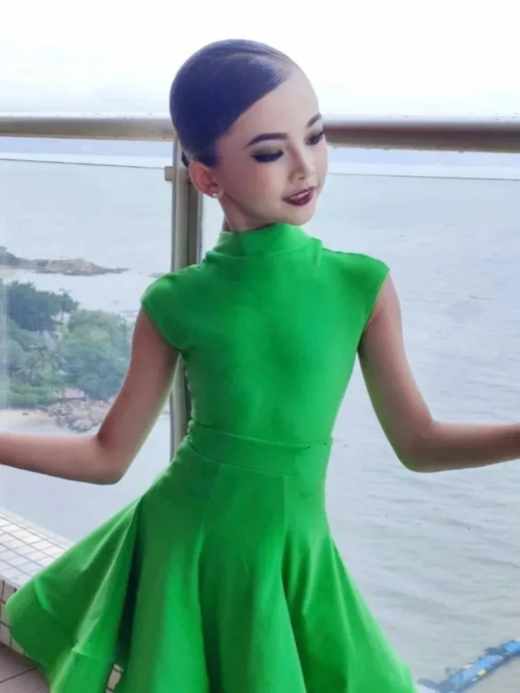 Groene ballroom latin korte mouw jurk meisjes amerikaanse dans rumba cha cha samba tango kostuum concurrentie praktijk slijtage kinderen