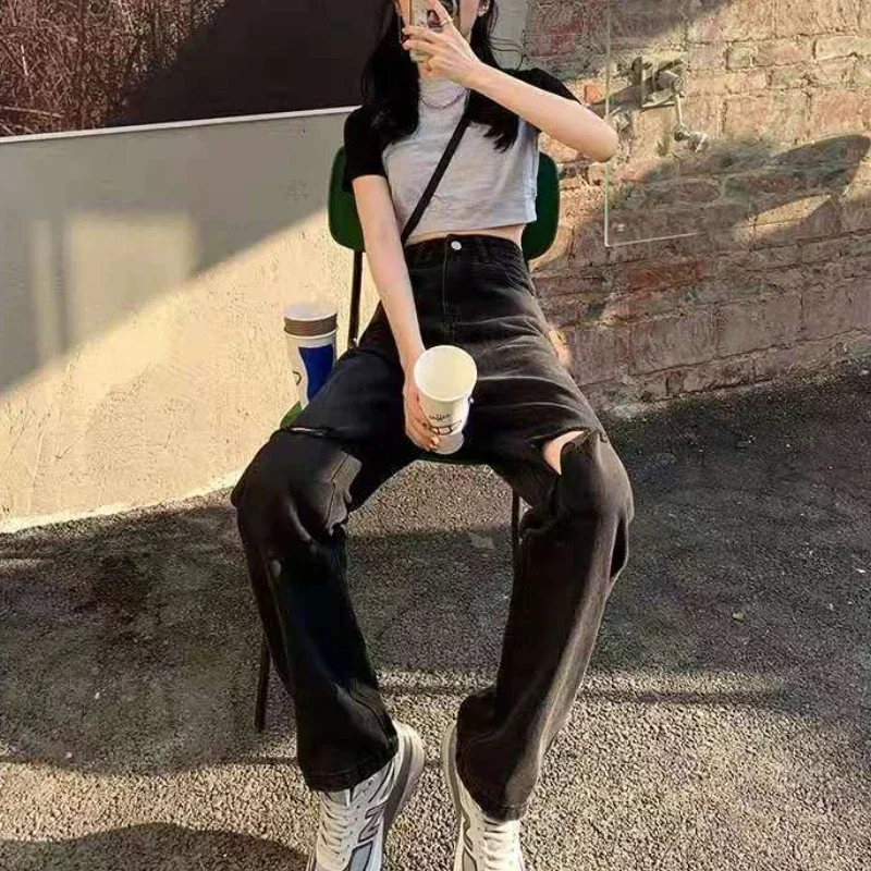 Women\'s Spring and Autumn 2023 New Loose Thin Drape Wide-leg Mopping Pants Black High-waist Ripped Straight-leg Classic Jeans
