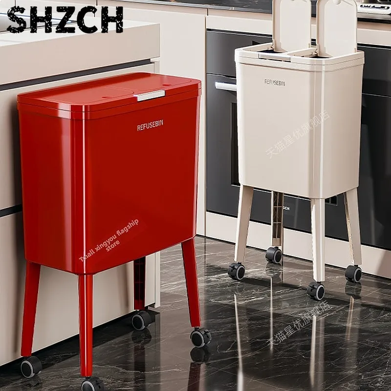 Plastic Trash Can with Lid High Foot No Bending Dry Wet Separation Bin for Home