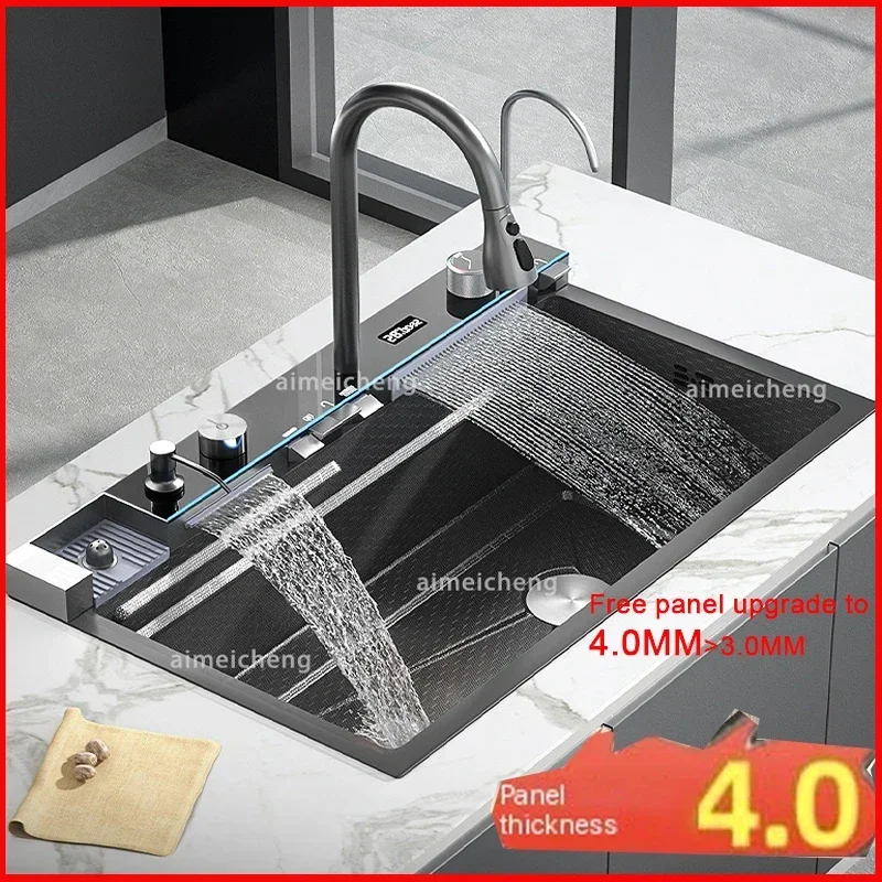 

Waterfall Sink Kitchen Stainless Steel Topmount Sink Large Single Slot Wash Basin With Multifunction Touch Waterfall Faucet