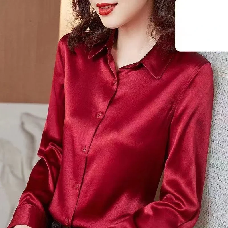 Blouse Women Long-sleeved Shirts Faux Silk Blouse Office Ladies Tops Korean Chic Women Clothing White Black Red Blue Green