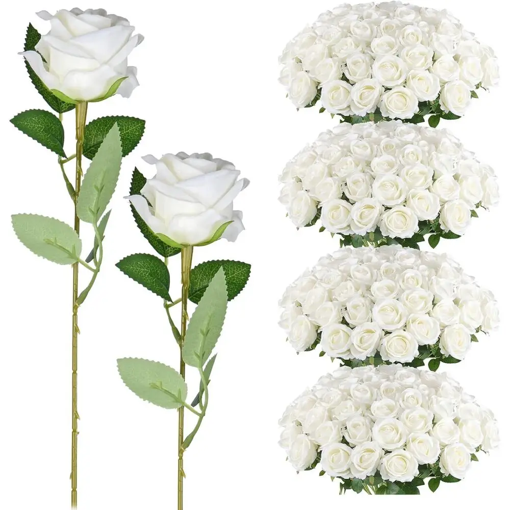

200 Pack Artiicial Silk Roses lowers - Milky White ake lowers or Wedding Decor, 3.7in(7cm) Silk-Like Velvet lower s with 50cm Lo