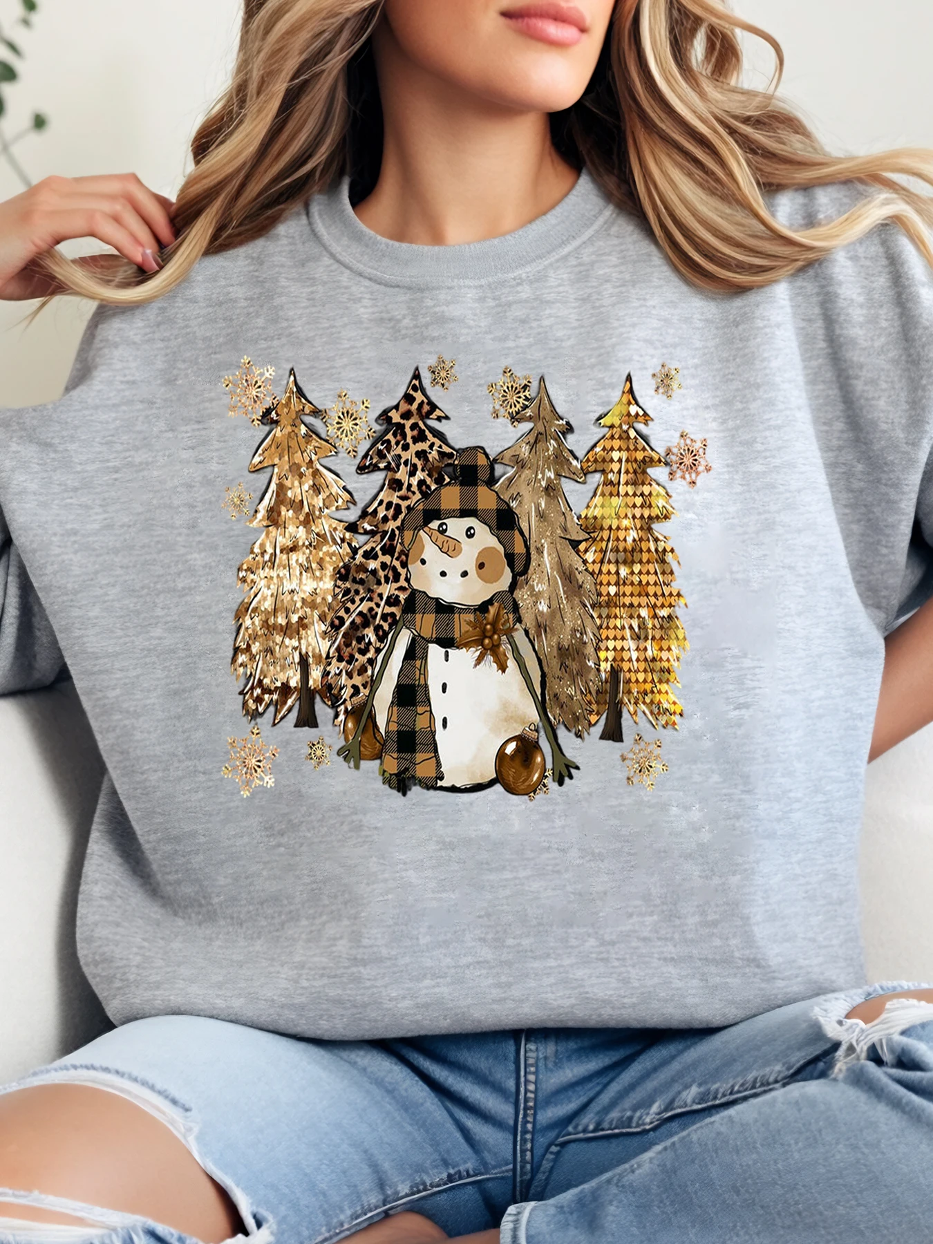 

Снеговик с леопардовым принтом, Рождественская елка, праздничный свитшот, женская повседневная зимняя одежда больших размеров