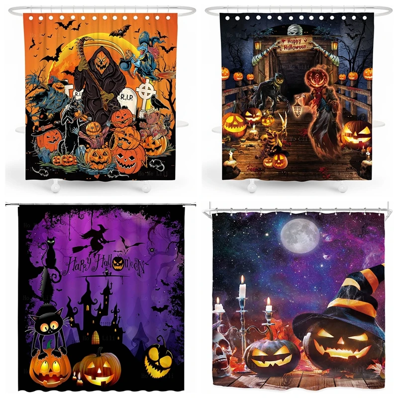 Halloween Purple Shower Curtain Pumpkin Black Cat Witch Ghost Bat Spider Castle Dead Tree Spooky Horror Gothic Fabric Bath Decor