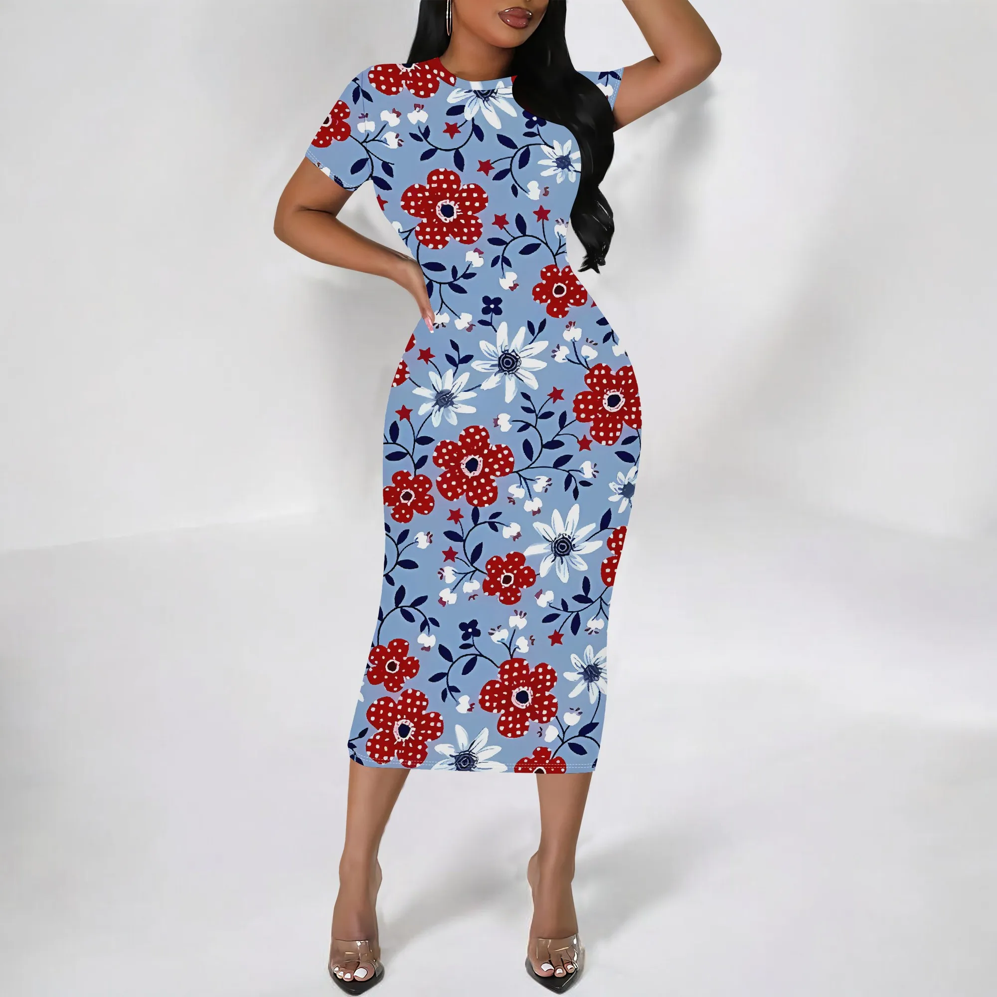 

Nupusa Floral Print Dress for Women Summer Casual Crew Neck Short Sleeve Midi Dress