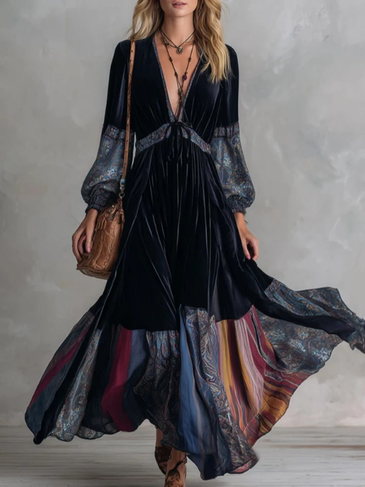 Vintage Boho Women Maxi Dress Deep V Neck Lantern Sleeve Velvet Patchwork Printed Flared Skirt Elegant Casual Long Holiday Dress