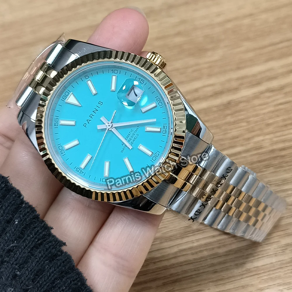 Parnis 39.5mm Gold Color Bezel Japan Miyota8215 Automatic Movement Blue Dial Luminous Marker Men's Wristwatch