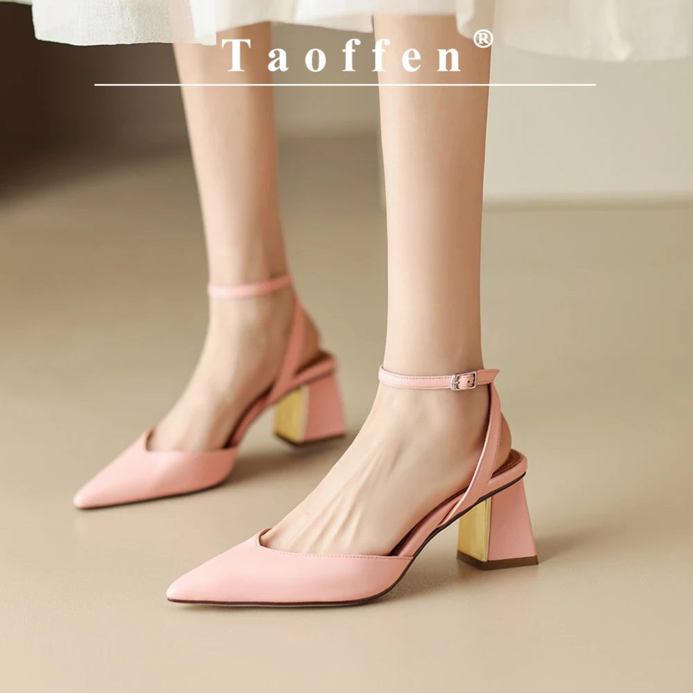 Taoffen Genuine Cow Leather Sandals Square Heel Women Modern Sandals Closed Pointed Toe Sandals Buckle Strap Solid Heels Shoes