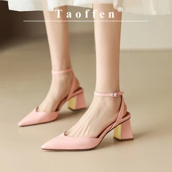 Taoffen Genuine Cow Leather Sandals Square Heel Women Modern Sandals Closed Pointed Toe Sandals Buckle Strap Solid Heels Shoes