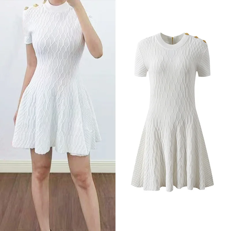 ZJYT ربيع الخريف موضة الأبيض محبوك فساتين سترة النساء مصمم س الرقبة قصيرة الأكمام فستان حفلة عادية صغيرة أنثى جديد