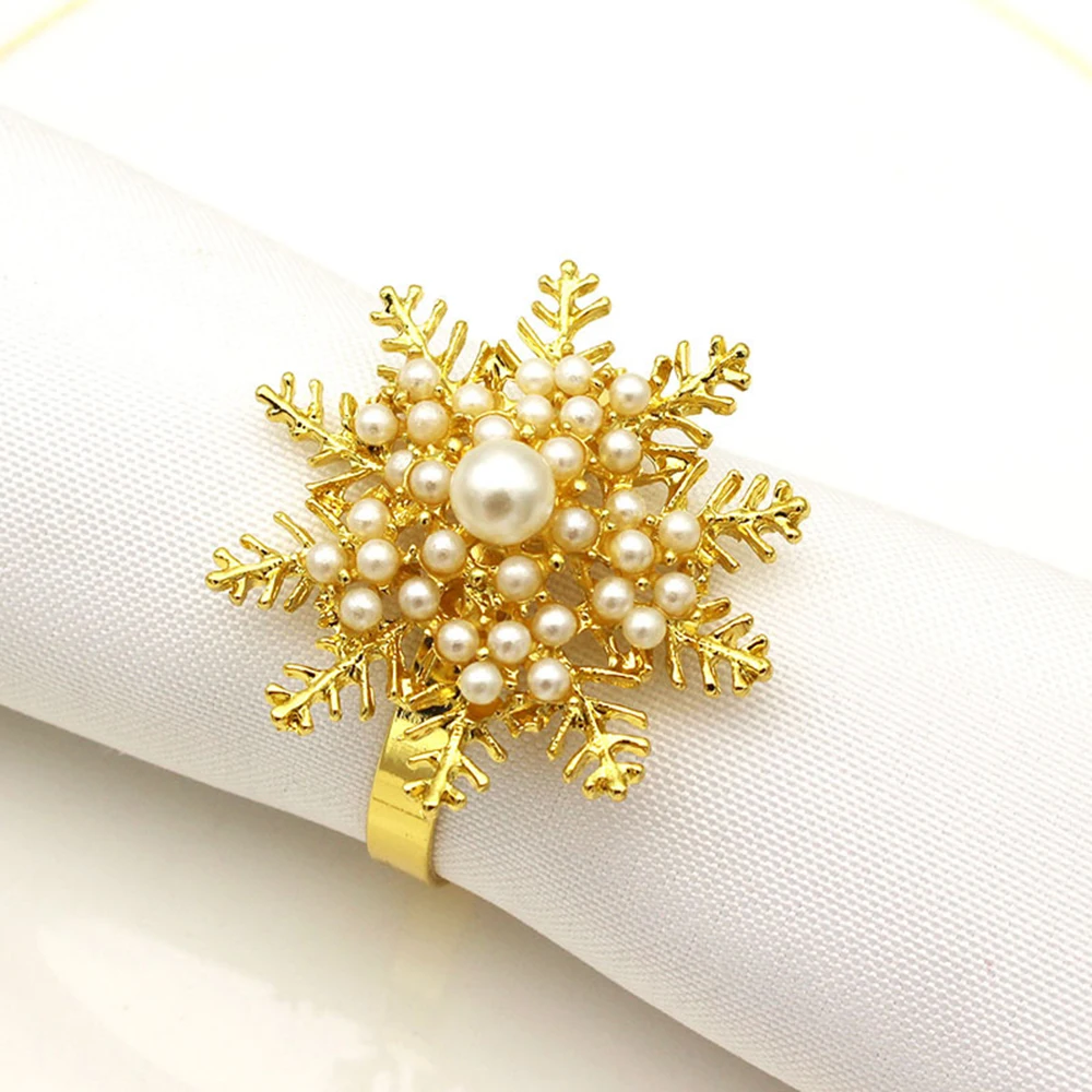 Christmas Snowflake Napkin Rings Metal Napkin Buckle With Pearls Gold Silver Xmas Towel Circle 2023 Christmas New Year Decor