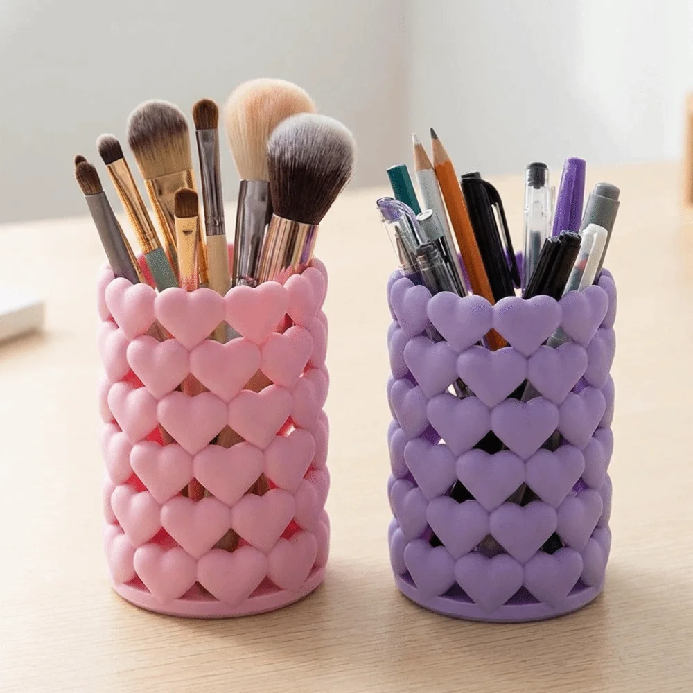 3D Printed Heart-shaped Pen Holder Hollow Round 3D Printed Pencil Cup Space Saving Cute Stationery Organizer Students Use