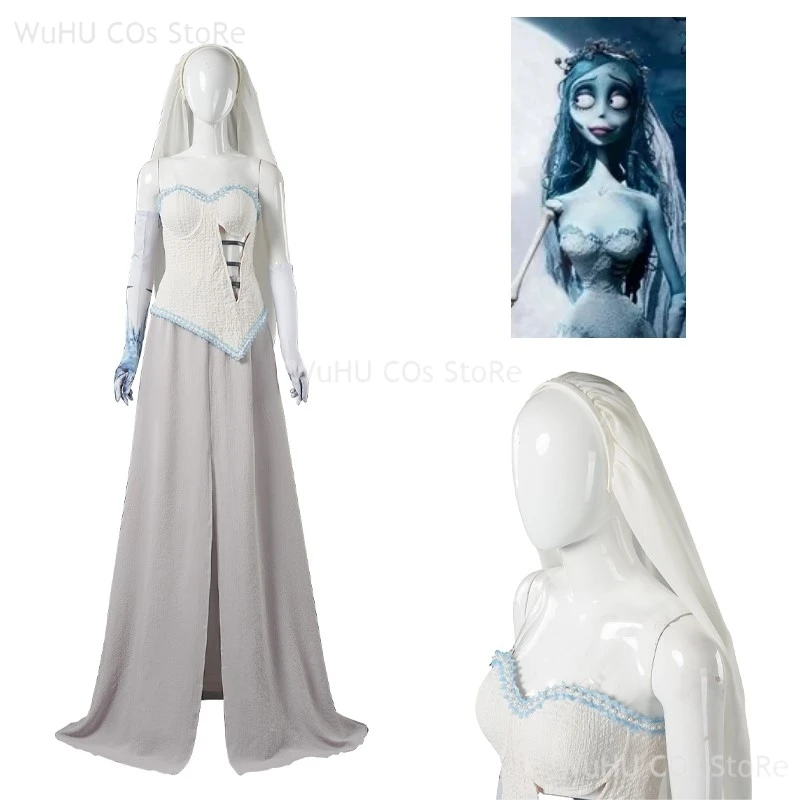 Corpse Masquerade Bride Emily Cosplay Fancy Dress Costume Wig Zombie Ghost Halloween Party Dress up Women Scary Gothic Suits