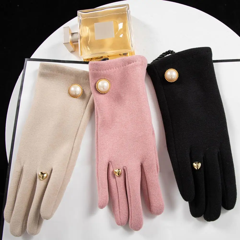 Warm Gloves Elegant Faux Pearl Button Windproof Women's Winter Gloves for Motorcycle Riding Cycling Touchscreen Thickened Warm