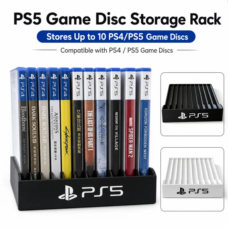 3D-Druck PS5-Spiele-Disc-Aufbewahrungsregal, fasst bis zu 10 Discs, kompatibel mit PS4/PS5-Spielehüllen, Organizer-Ständer – Detail 1