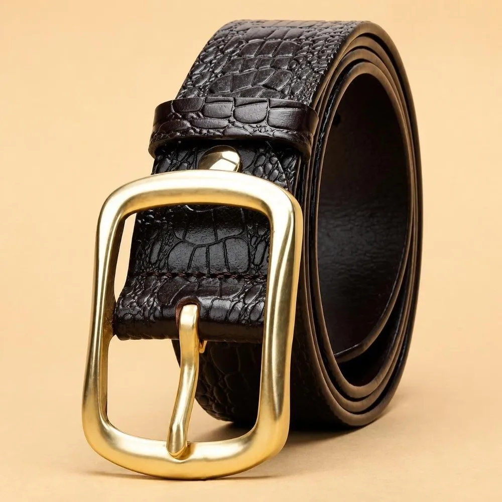 Embossed Texture Faux Leather Belt Durable Stitching Adjustable Crocodile Grain Belt Alloy Pin Buckle Casual Waist Strap For Men