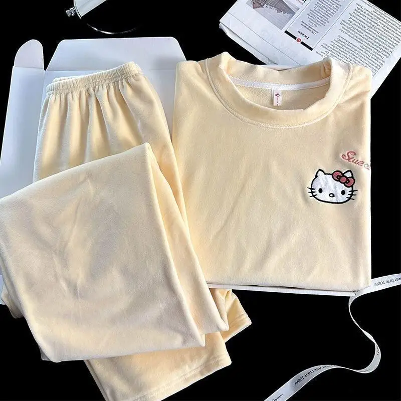 

Sanrio Hello Kitty Women's Plush Pullover Pajama Set Winter New Embroidery Solid Fleece Lined Warm Cute Kawaii Home Sleepwear