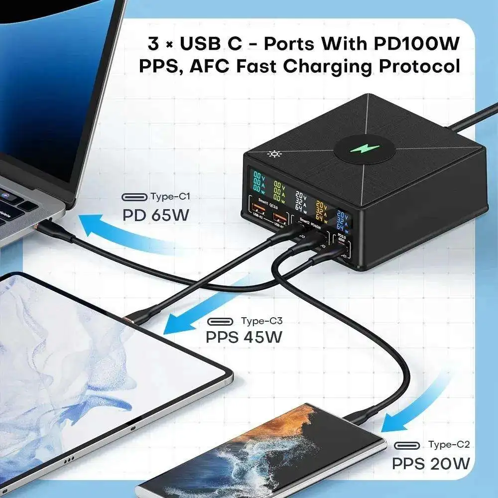 160W 5 portowa ładowarka USB Staion z 15W bezprzewodowym ładowaniem szybka ładowarka USB-C PD 65W do IPhone14 13 Samsung Laptop