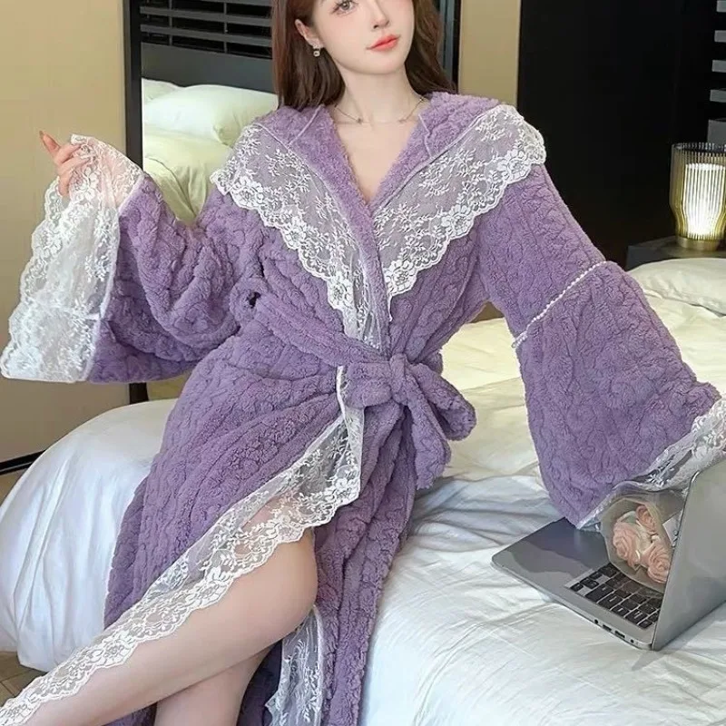 Herbst Winter Damen Fleece-Spitzenrobe Verdickte Lässige Homewear Mädchen Studentinnen Outdoor Tragbare Loungewear Lässige Schlafbekleidung für Damen