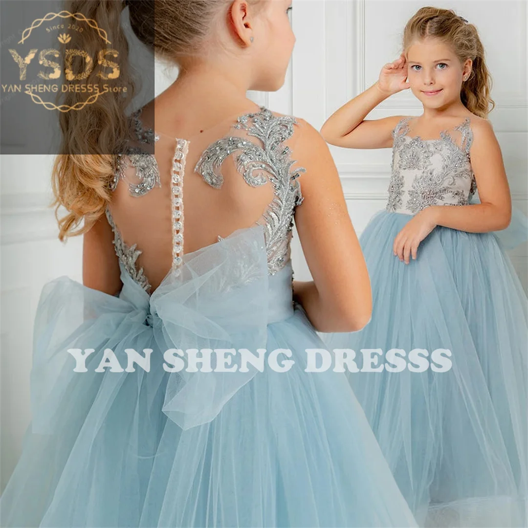 Light Blue Tulle Flower Girl Dress Beaded Sleeveless Appqulies Backless Ball Gown For Wedding Party Kids Birthday Pageant Dress