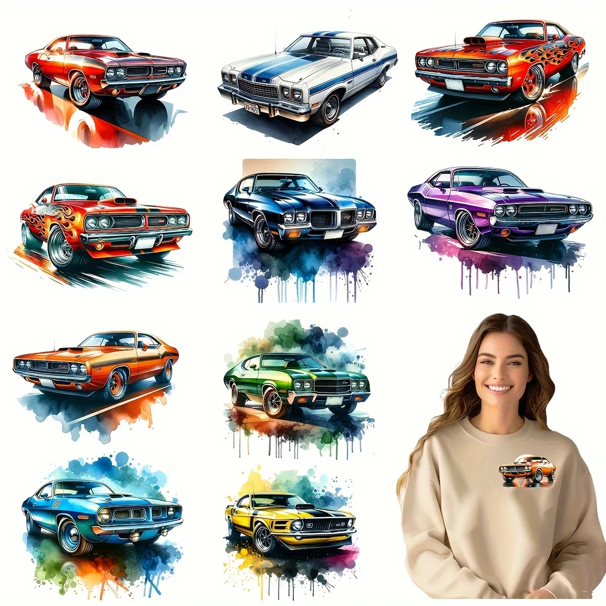 A set of 12 brightly colored heat transfer stickers, featuring classic American muscle cars, perfect for T-shirts and fabric projects