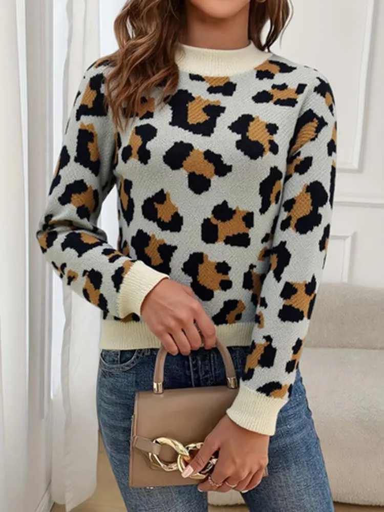 

Women's autumn and winter contrasting retro leopard print jacquard design craft round neck pullover sweater, fashionable