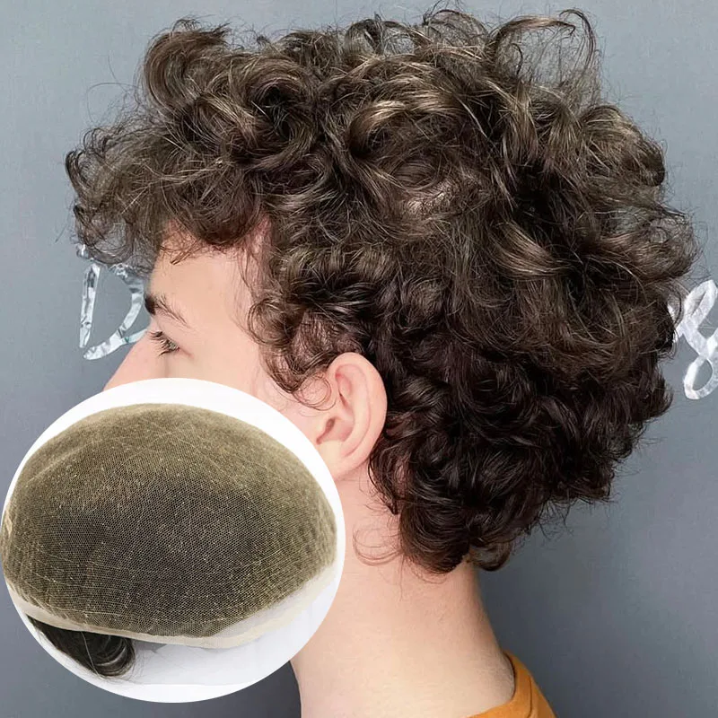 

Необработанный полный швейцарский кружевной фронт, 25 мм, вьющиеся отбеленные узлы, дышащая задняя часть из искусственной кожи, простая установка, мужские парики, пепельно-коричневые, серые шиньоны