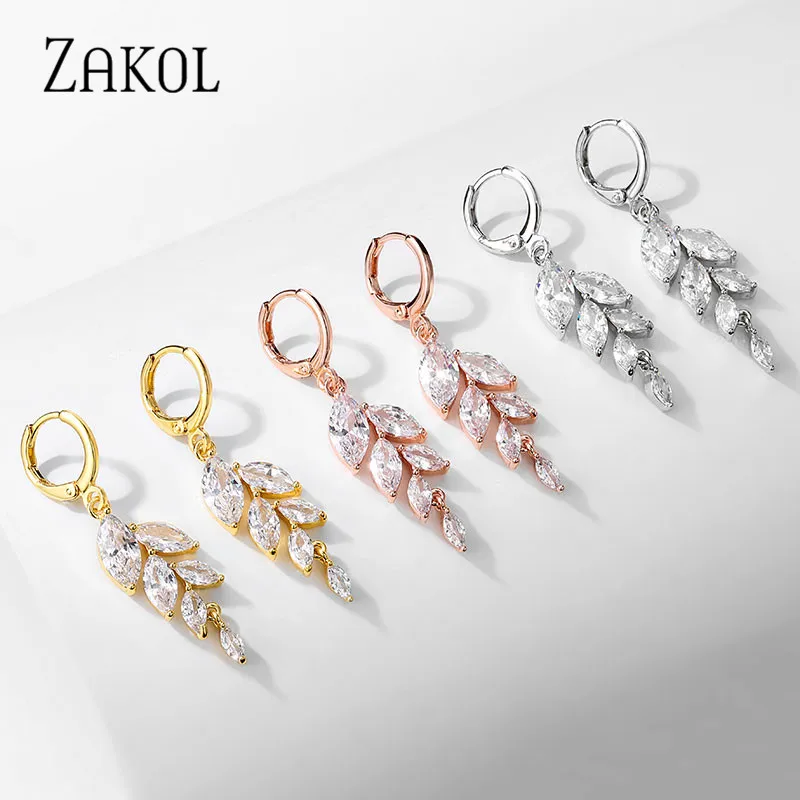 ZAKOL Poland Style Cubic Zirconia Leaf Hook Earrings Necklace Set for Women Elegant Bridal Wedding Party Jewelry Dress