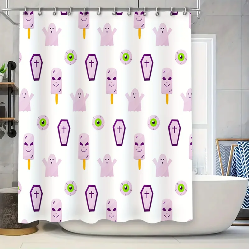 

Pink Ghosts Halloween Shower Curtain Purple Ice Cream Ghosts Eyeball Crosses Fun House Decor Home Accessories Gift for Kids Bedr