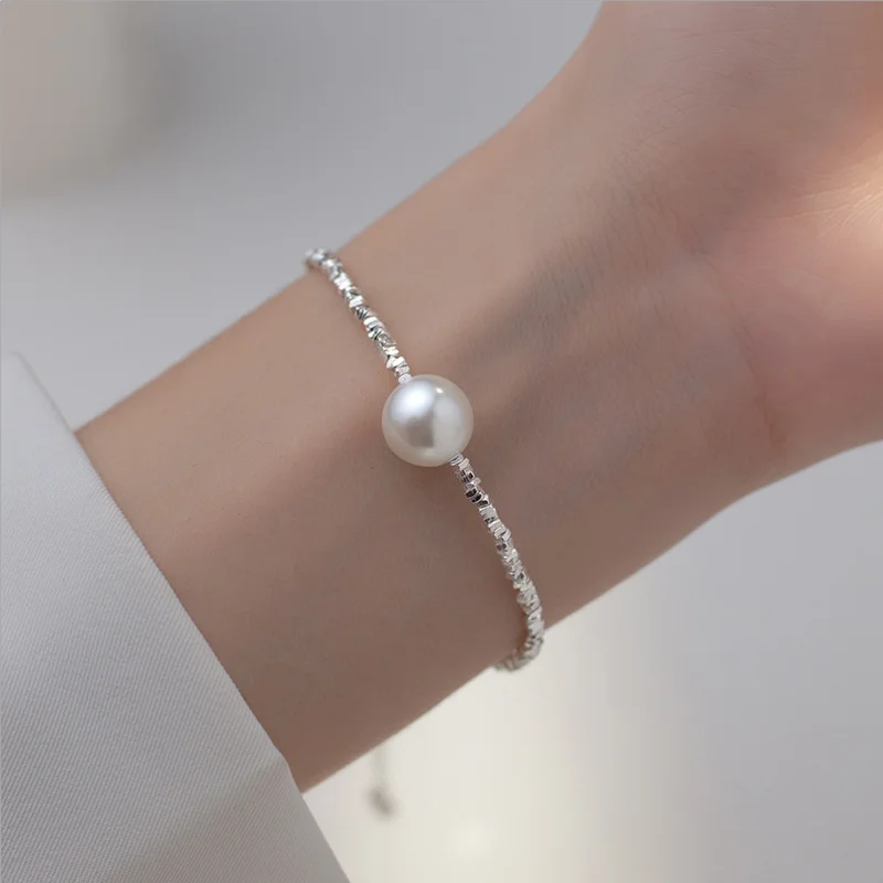 

Simple Personality Sterling Silver Chain Freshwater 8-9mm White Pearl Near Round 925 Bracelet Fine Jewelry Gifts for Women Girls