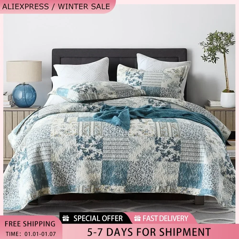 Cotton Bedspread Quilt Sets Reversible Coverlet Sets Comforters Patchwork Bedspread (Blue Vintage Floral, King Size)