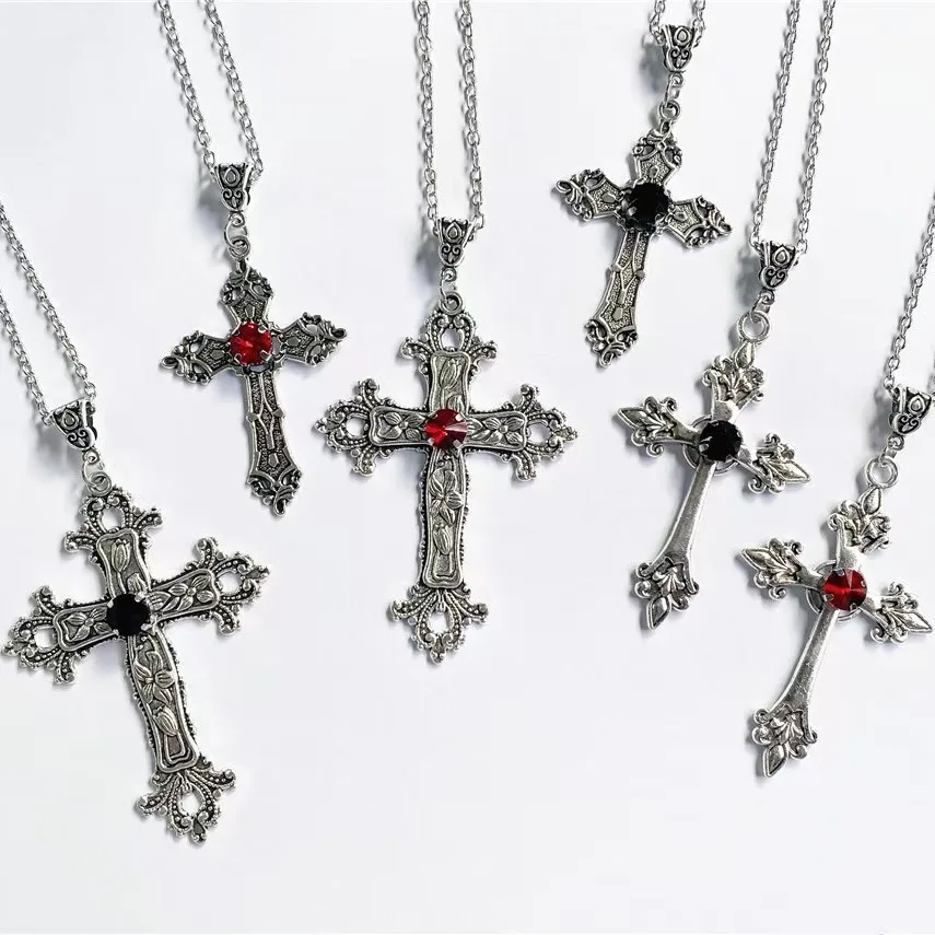 

Gothic Big Zircon Cross Necklace Unisex Y2K Irregular Goth Large Cross Pendant Necklaces for Men Women Couple Necklace Jewelry