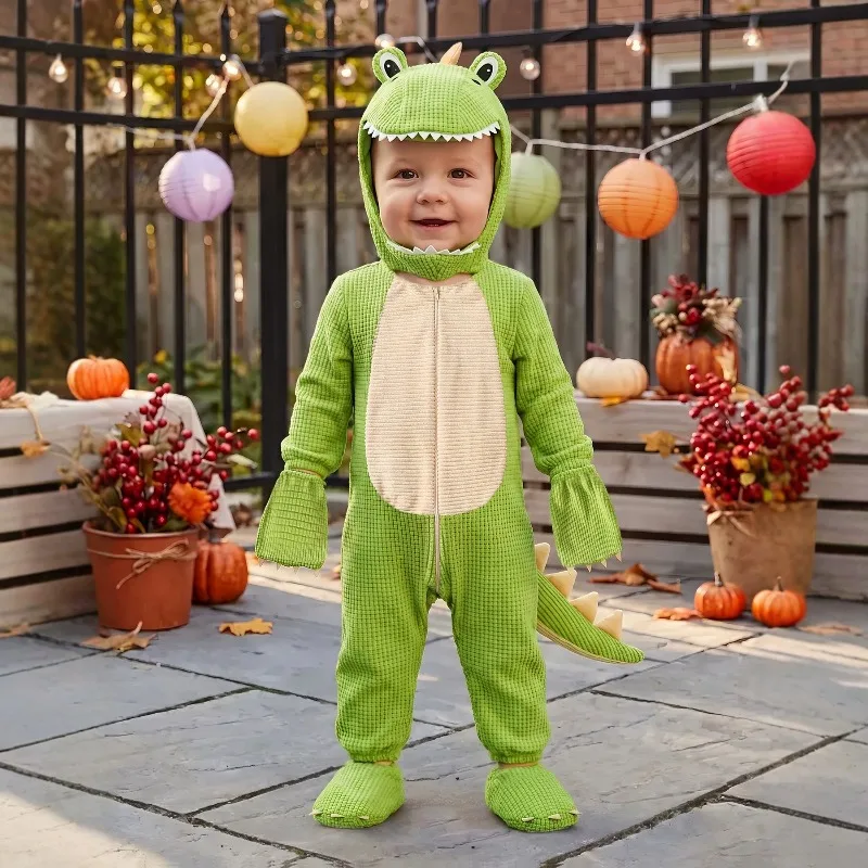 Baby Clothes Cute Green Waffle Dinosaur Baby Romper Hooded Zipper Jumpsuit Toddler Halloween Cosplay Costume Outfit Long Tail