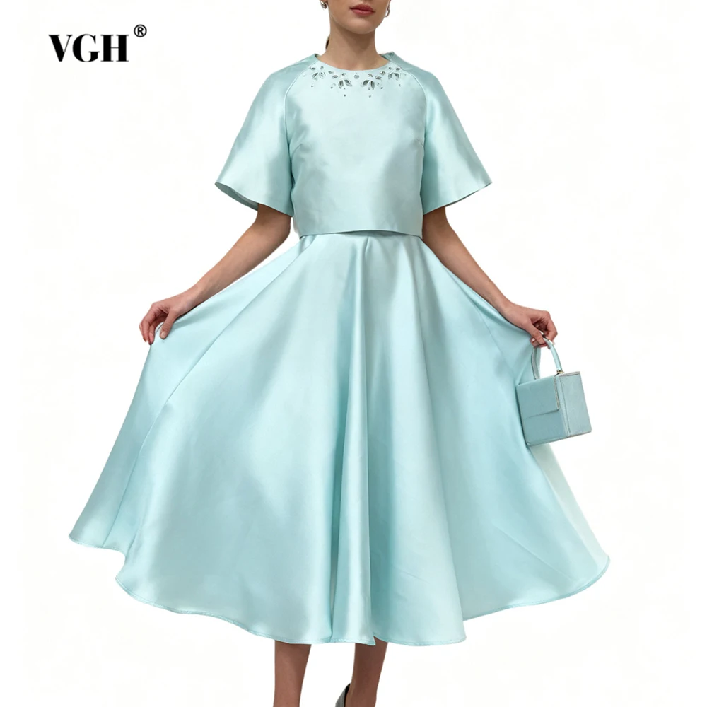 

VGH Temperament Solid Two Piece Sets For Women Round Neck Half Sleeve Top High Waist Skirt Spring Elegant Set Female Fashion New