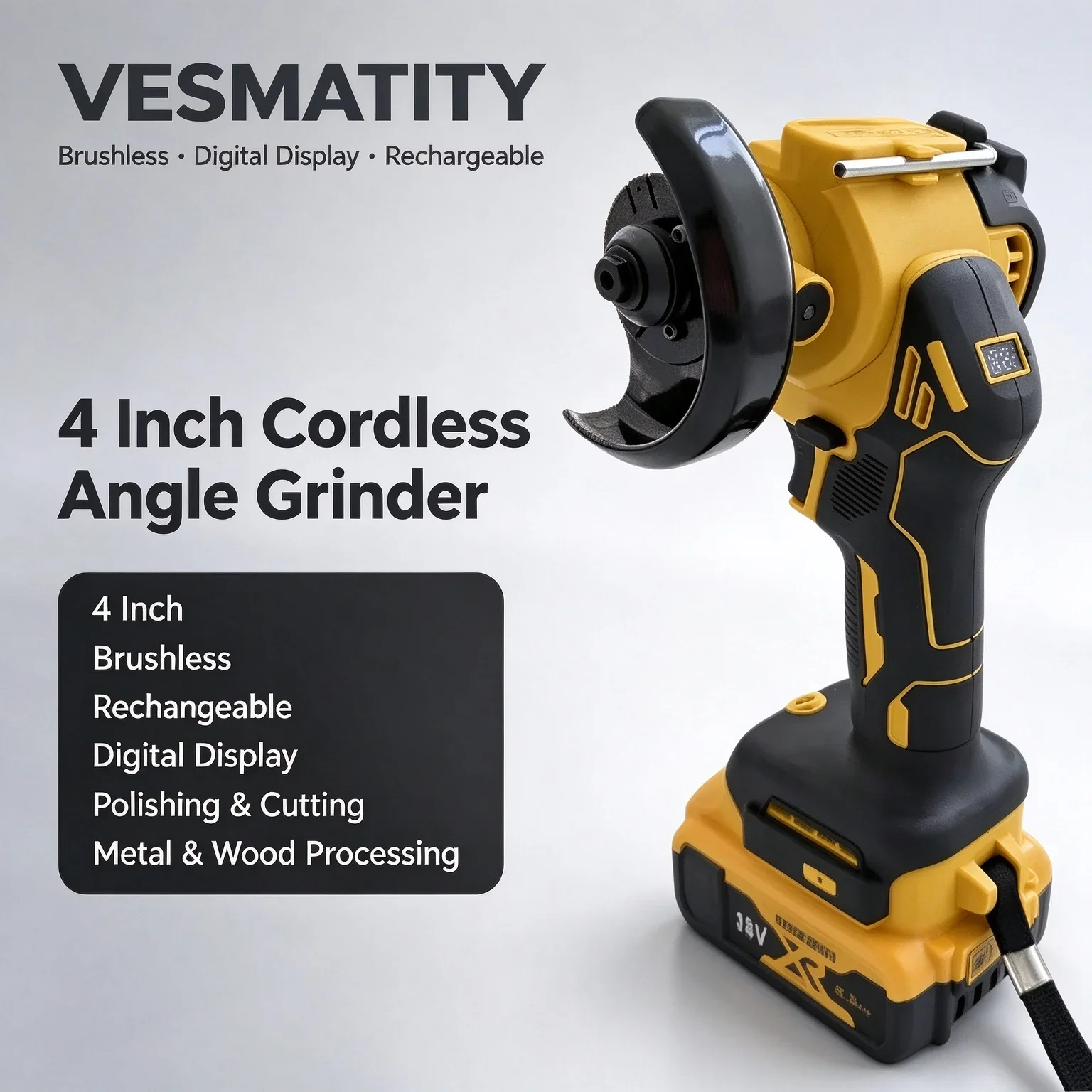 4 Inch Cordless Angle Grinder Brushless Rechargeable Digital Display Polishing Cutting Tool for Metal Wood Processing
