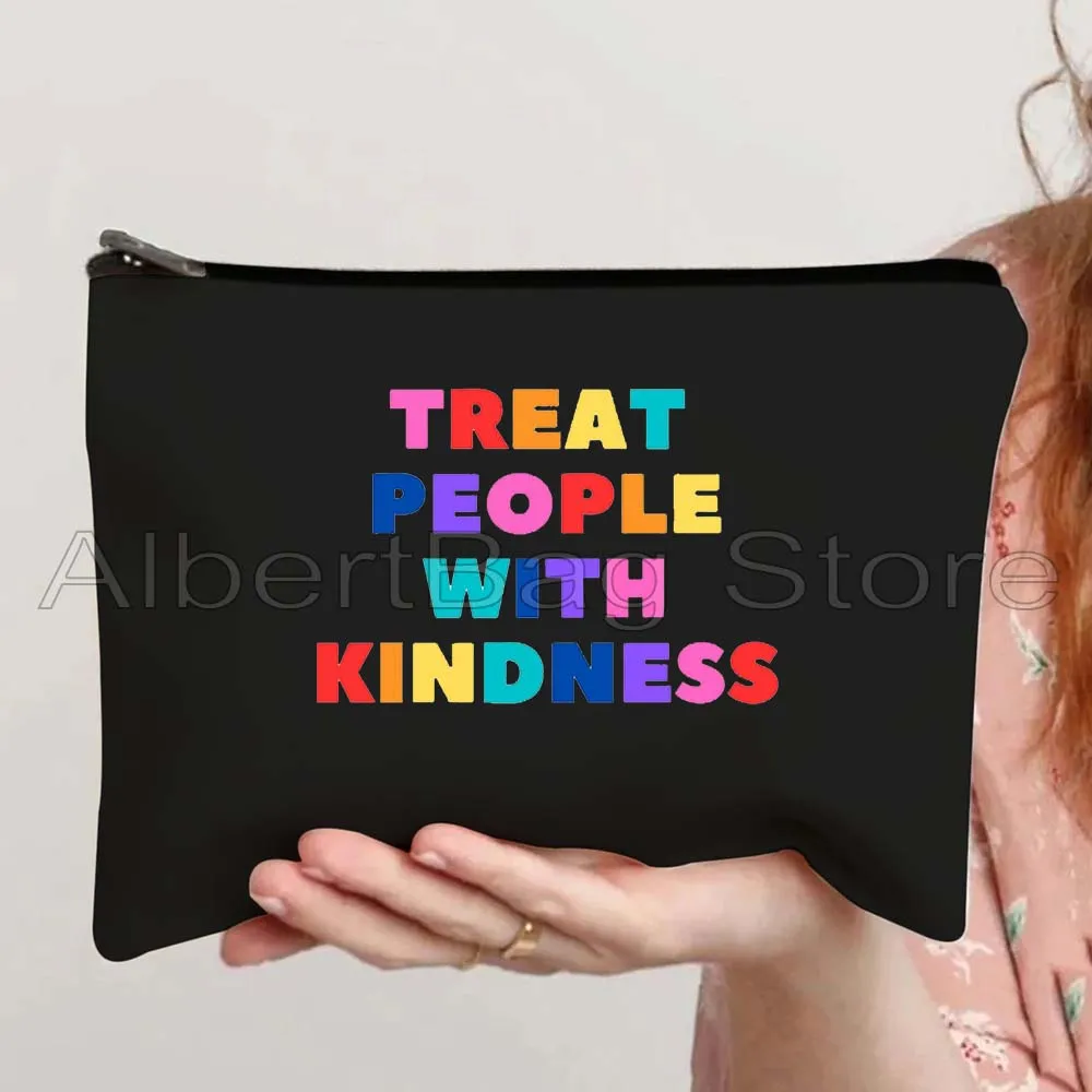 Rainbow Treat People With Kindness Lettering Print Sunflower Cute Gifts Canvas Cosmetic Bag Makeup Toilet Bag Pencil Case Pouch